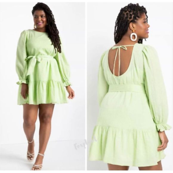 Eloquii Dresses & Skirts - Eloquii NWT lime green long sleeve tie waist mini ruffle hem dress size 26